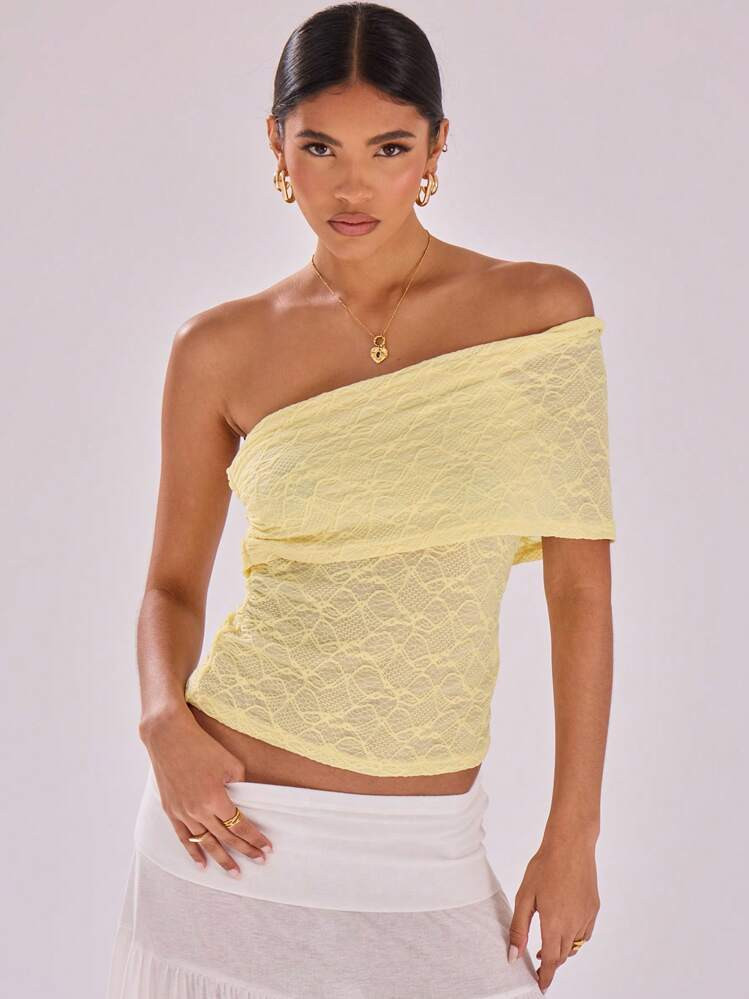 MUSERA Textured Mesh One Shoulder Top Summer Vacation Cottage Core | SHEIN