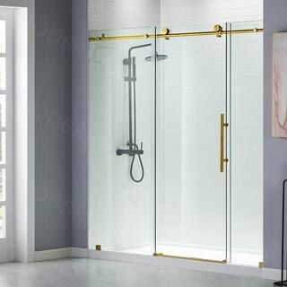 72 in. W x 76 in. H Frameless Sliding Shower Door in Brushed Gold with Shatter Retention Glass | The Home Depot