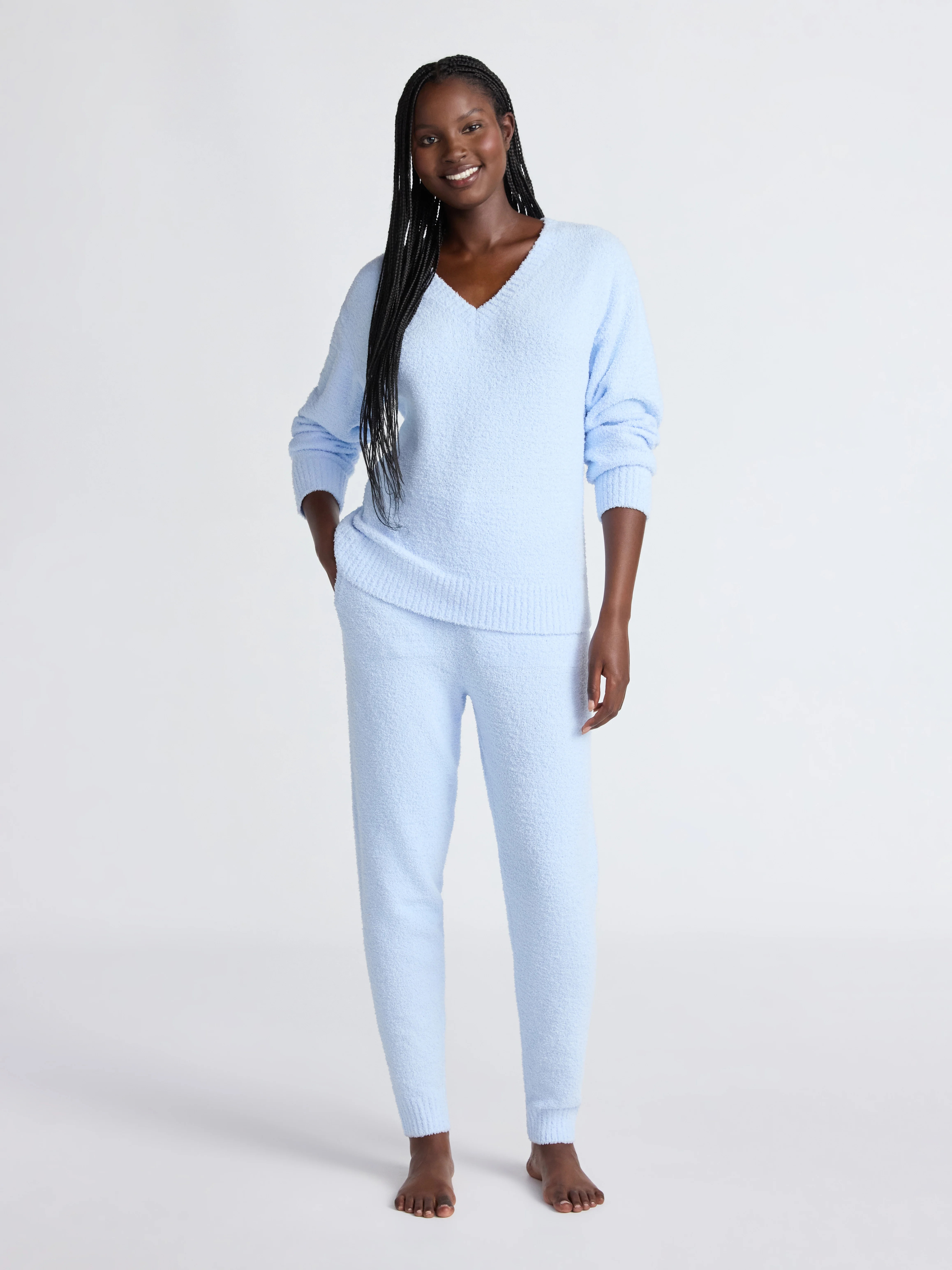Joyspun Women's Fuzzy Knit V-Neck Top and Joggers Set, 2-Piece, Sizes XS-3X | Walmart (US)