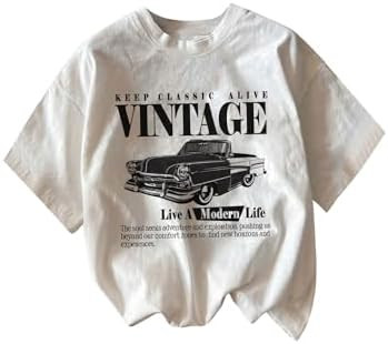 Women's Graphic Letter Tee Crew Neck Drop Shoulder Trendy Summer T Shirt Short Sleeve Vintage Car... | Amazon (US)