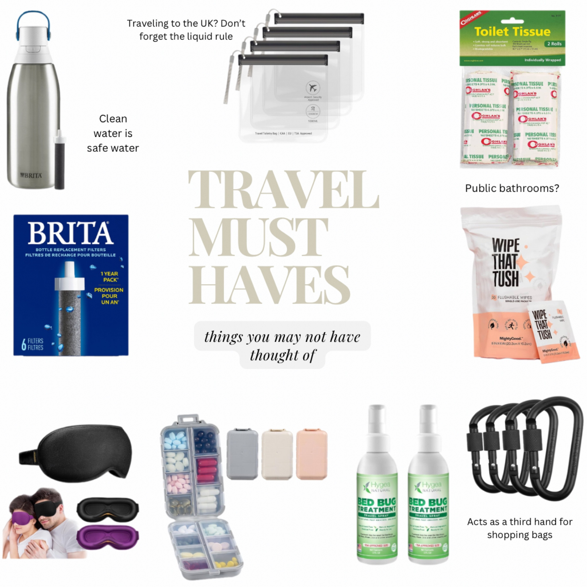 These are some of my travel must haves. Going to London? Don’t forget the clear bag liquid rule! Keep clean anywhere, hydrated, attach shopping bags to your backpack or purse with Carabiners, and remain unstressed.

#LTKFindsUnder100 #LTKTravel #LTKFindsUnder50