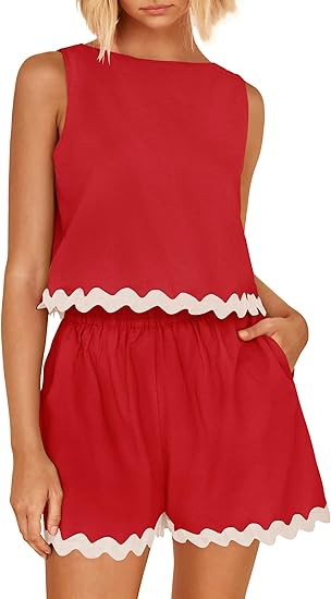 ZESICA Women's 2024 Summer 2 Piece Outfits Set Linen Lace Trim Crewneck Tank Crop Top and Shorts ... | Amazon (US)