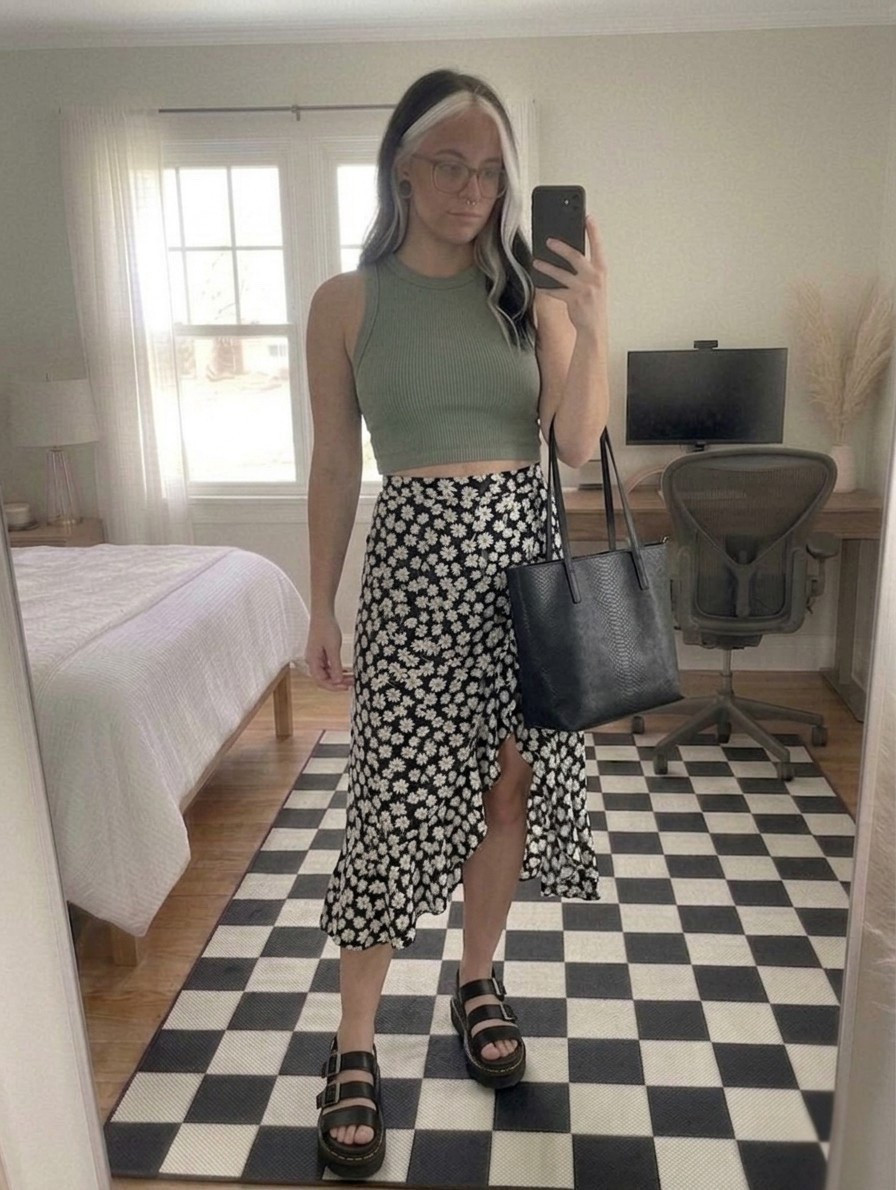 The perfect mix of edgy and feminine! I’m obsessed with this sage green ribbed tank paired with a high-waisted daisy midi skirt. The wrap detail and ruffled hem give it such a dreamy movement, while the chunky platform sandals keep that signature alt-aesthetic alive. This structured snakeskin tote is my new everyday essential for carrying everything in style.

#LTKootd #LTKSeasonal #LTKMidsize