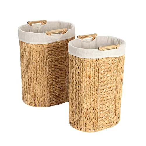 Household Essentials Handwoven Water Hyacinth Oval Hamper Set with Cotton Lining, Natural, Set of 2 | Amazon (US)