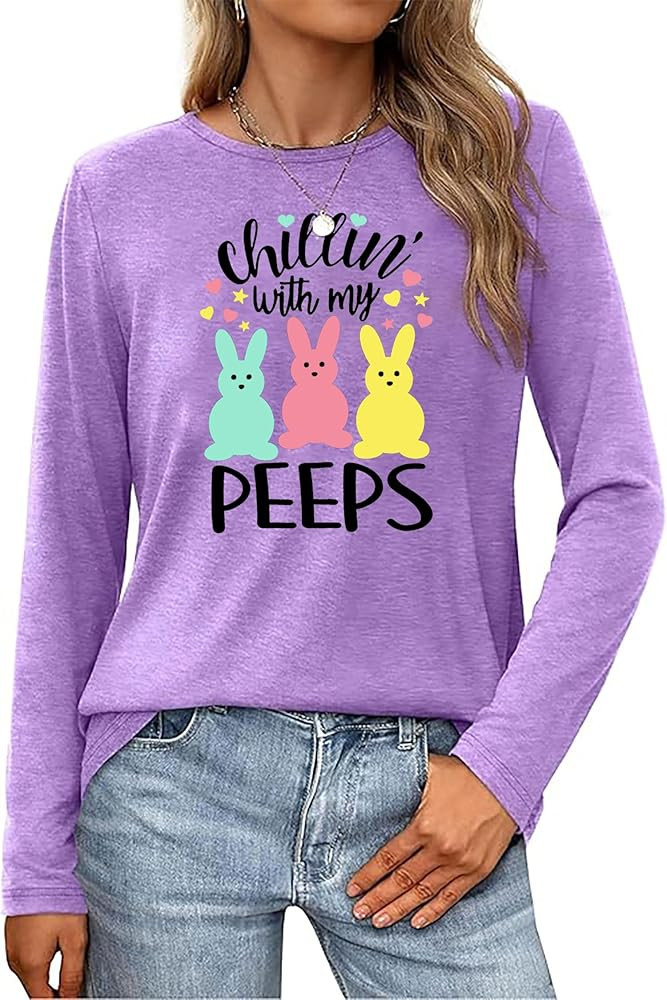 Easter Shirt Women Chillin with My Peeps Tshirt Bunny Grahpic Tee Happy Easter Novelty Top | Amazon (US)