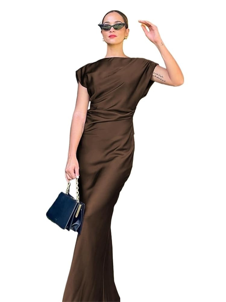 Summer Dress Summer Slim Brown Satin Women's Dress Bodycon O-Neck Sleeveless Ankle Length Dresses... | Amazon (US)