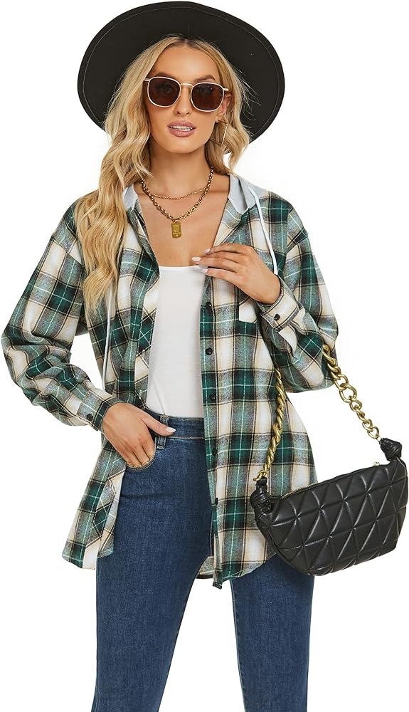 Women's Plaid Flannel Shirts Hoodie Long Sleeve Oversized Shirt Jacket Button Down Blouse Tops | Amazon (US)