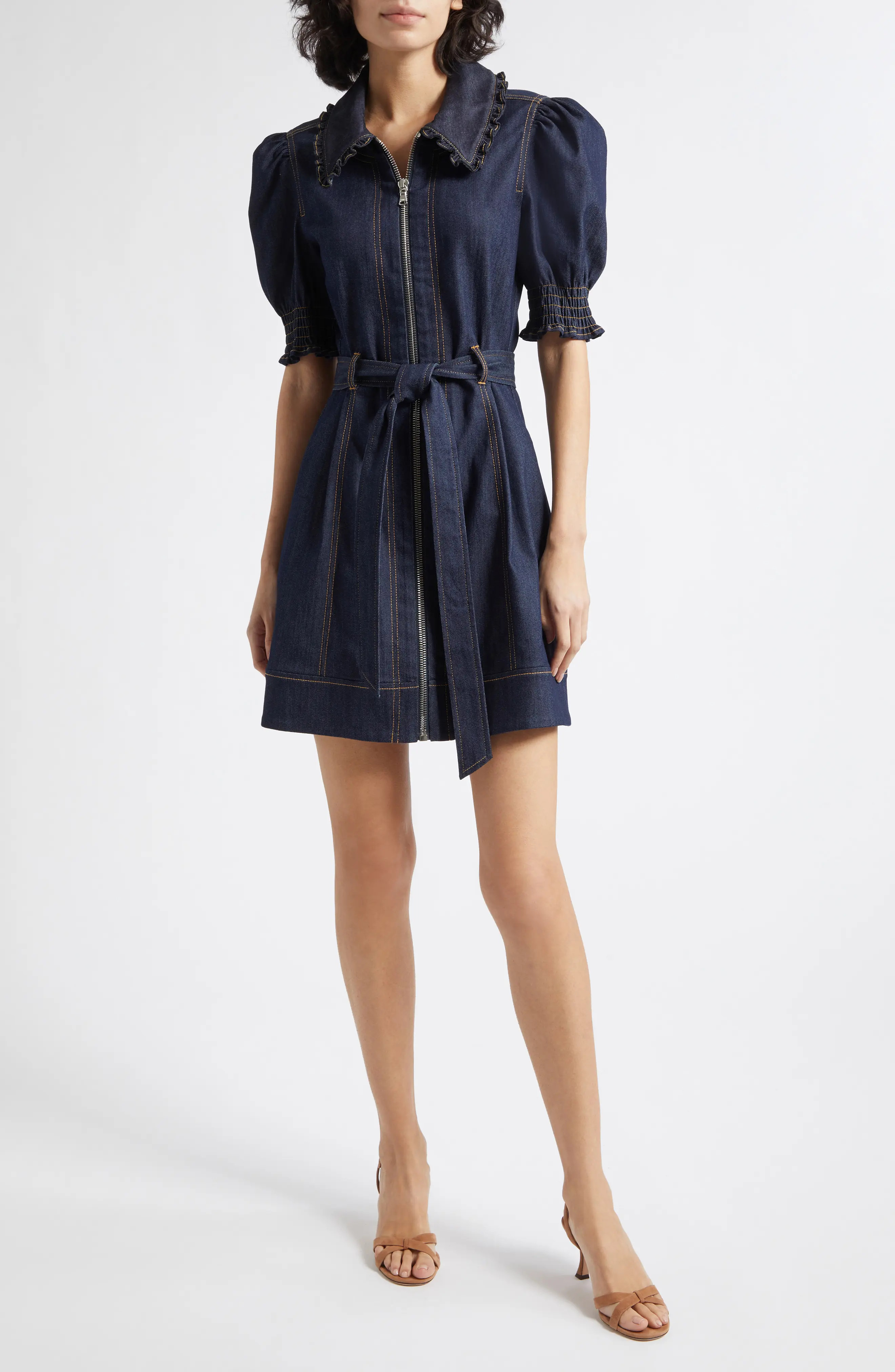 Cinq à Sept Annabella Ruffle Detail Denim Dress in Indigo at Nordstrom, Size 10 | Nordstrom