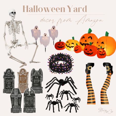 Halloween yard decor from Amazon includes large skeletons, lighted ghosts, inflatable pumpkins, tombstones, spiders, orange and purple lights, and a witch yard stake. 

Halloween decor, outdoor Halloween decorations

#LTKHalloween #LTKSeasonal #LTKfindsunder50