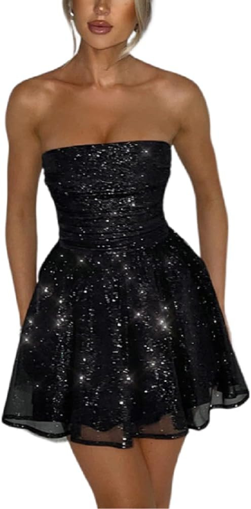 AIBEARTY Women's Sexy Glitter Off Shoulder Mini Dress Shiny Strapless Pleated A Line Dress for Pa... | Amazon (US)
