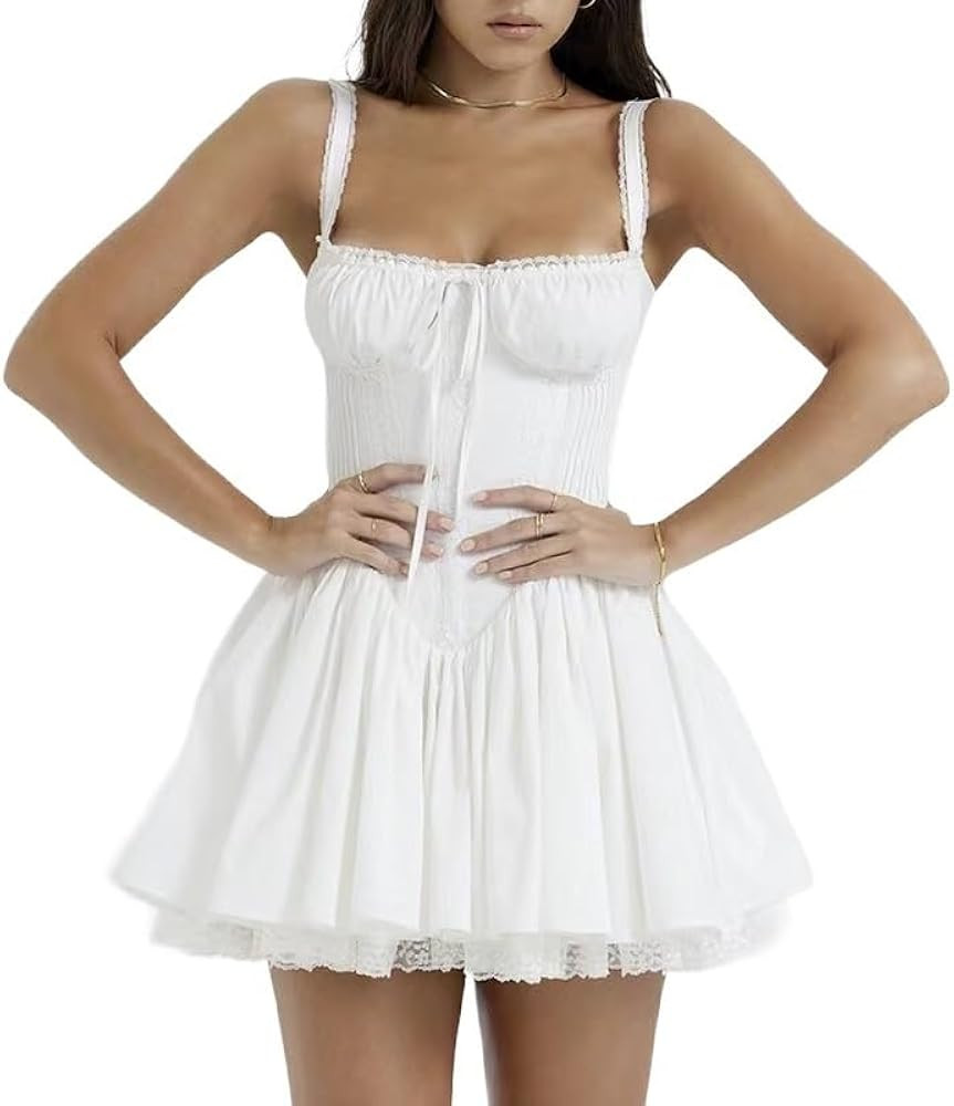 White Graduation Dress for Women Summer Flowy Lace Trim College Corset Flowy Short Dresses Mini P... | Amazon (US)