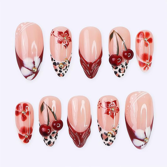 30 Pcs Handmade Red Flower French Tip Press on Nails Medium Almond Fake Nails Fall Leopard Print ... | Amazon (US)