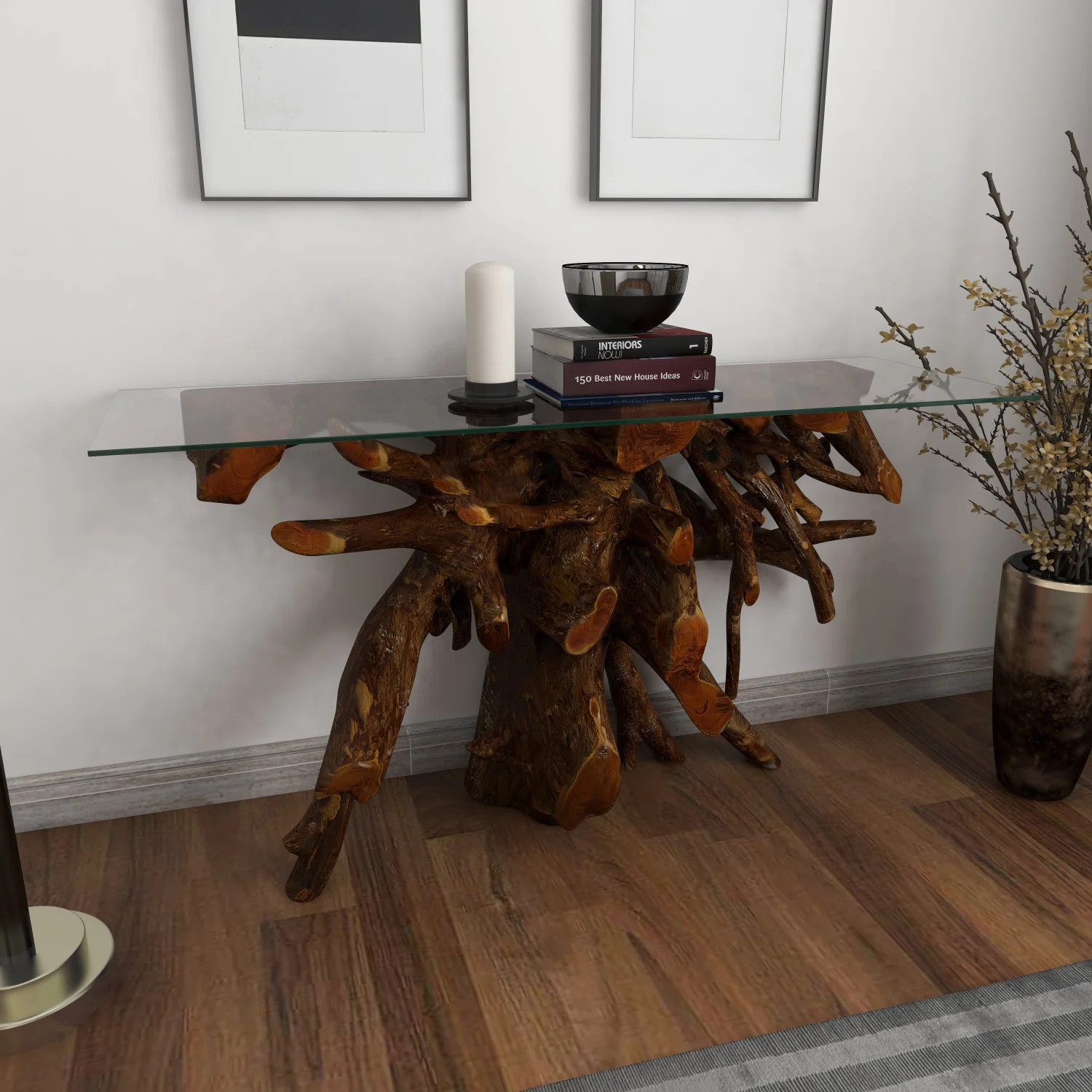 Teak Wood Handmade Live Edge Tree Stump Console Table with Clear Glass Top | Wayfair North America