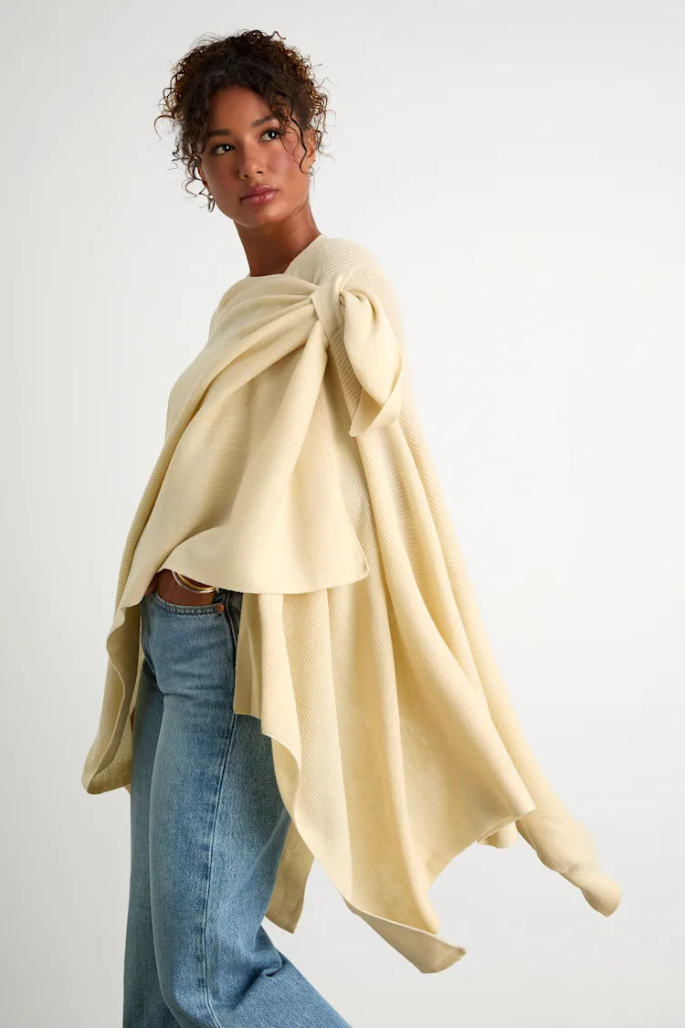 Ardita Cream Ribbed Knit Draped Wrap Poncho | Lulus