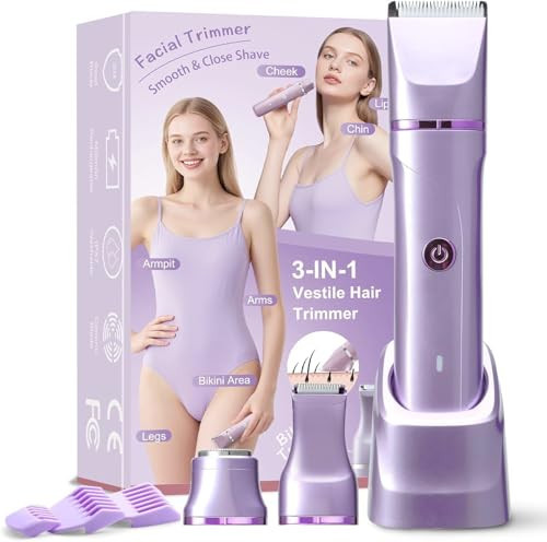 Bikini Trimmer for Women, 3-in-1 Electric Razors for Women, IPX7 Waterproof Rechargeable Cordless Pubic Hair Shaver for Ladies Bikini Pubic, Face, Underarms, Legs | Amazon (US)
