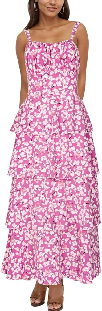 Tiered Ruffle Dress Women Casual Summer Spaghetti Strap Sleeveless Floral Layered Maxi Dress for ... | Amazon (US)