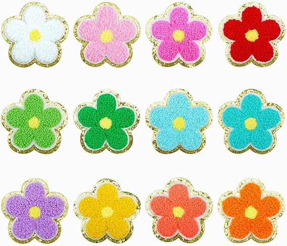 12 PCS Flower Patches Chenille Patches Gold Edges Colorful Flower Iron On Patches Sew On Patches ... | Amazon (US)