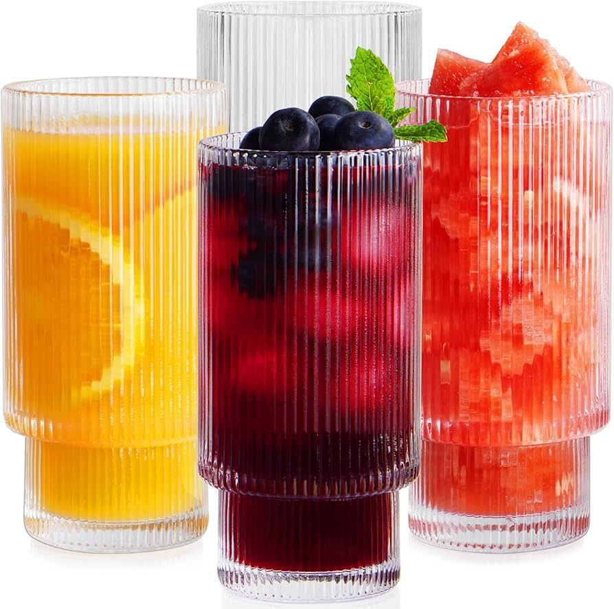 ENEKERP Ribbed Drinking Glasses Set, 11 Oz Vintage Glassware Cups, Fluted Glassware for Fruit Jui... | Amazon (US)