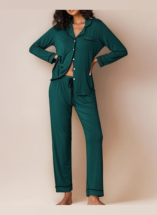 Ekouaer Damen Schlafanzug Lang Weich Pyjama mit Kn\u00f6pfen | Amazon (DE)