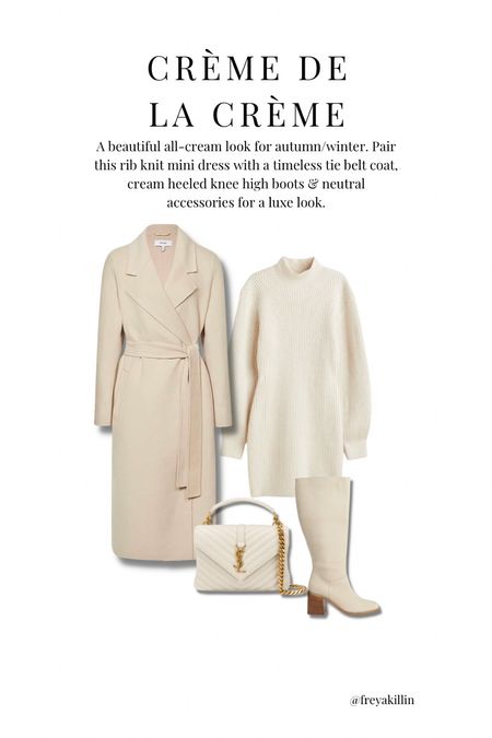 A beautiful all-cream look for autumn/winter. Pair this rib knit mini dress with a timeless tie belt coat, cream heeled knee high boots & neutral accessories for a luxe look.

#LTKSeasonal #LTKstyletip #LTKeurope