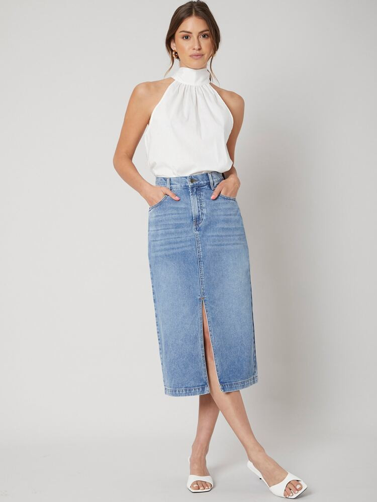 MOTF PREMIUM ASYMMETRICAL DENIM SKIRT | SHEIN