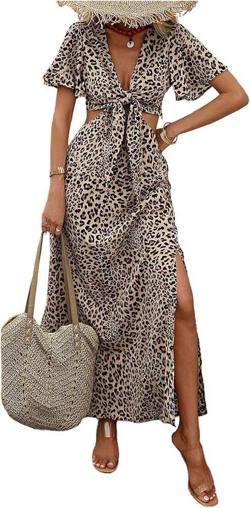 OYOANGLE Women's Leopard Print Tie Front Deep V Neck Cut Out High Slit Short Sleeve Maxi Vacation... | Amazon (US)