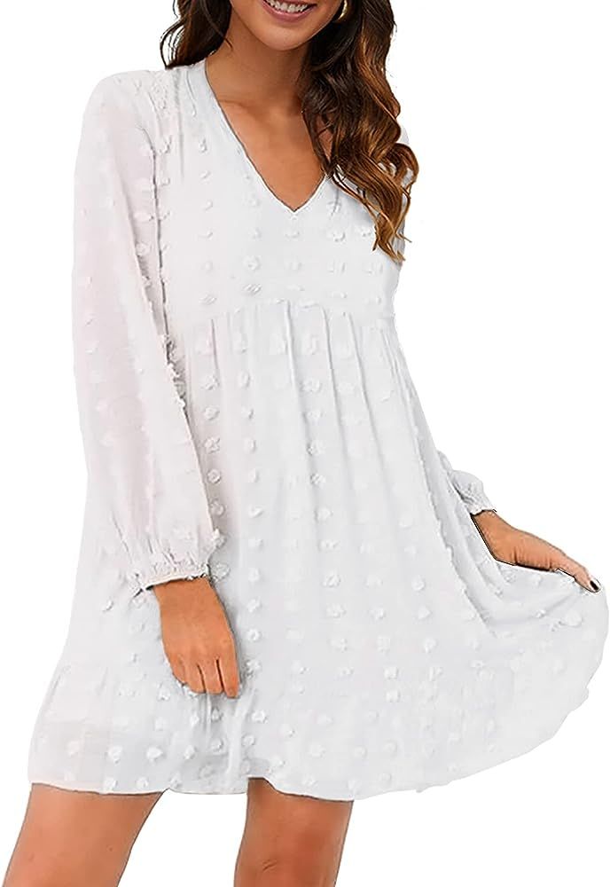 Blooming Jelly Womens White Dresses Flowy Babydoll Dress Chiffon Long Sleeve V Neck Cute Mini Tunic  | Amazon (US)