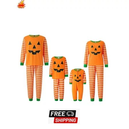 Matching Halloween Pajamas Halloween Stripe Pumpkin Print Round Neck Long Sleeve Tops+ Long Pants fo | Walmart (US)
