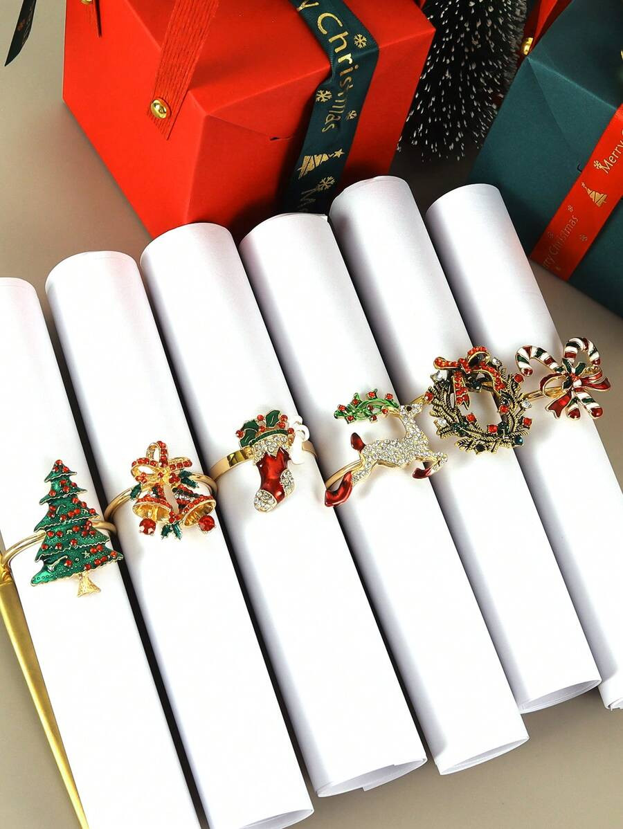 6 peças, Conjunto de Anéis de Guardanapo de Natal, Anéis de Guardanapo Decoração de Mesa de ... | SHEIN