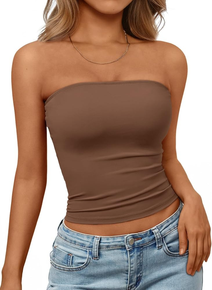 Trendy Queen Womens Strapless Tube Tops Basic Backless Sleeveless Bandeau Going Out Crop Tops Cut... | Amazon (US)
