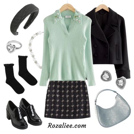 Coquette Outfit #7

Mint green fitted embellished polo top
embellished black mini skirt
black lace trim socks
Black heeled loafers
Black cropped jacket coat
Silver handbag
Rhinestone headband hairband
Pearl Beaded necklace
Silver Heart stud earrings silver heart ring

#LTKshoecrush #LTKstyletip #LTKitbag