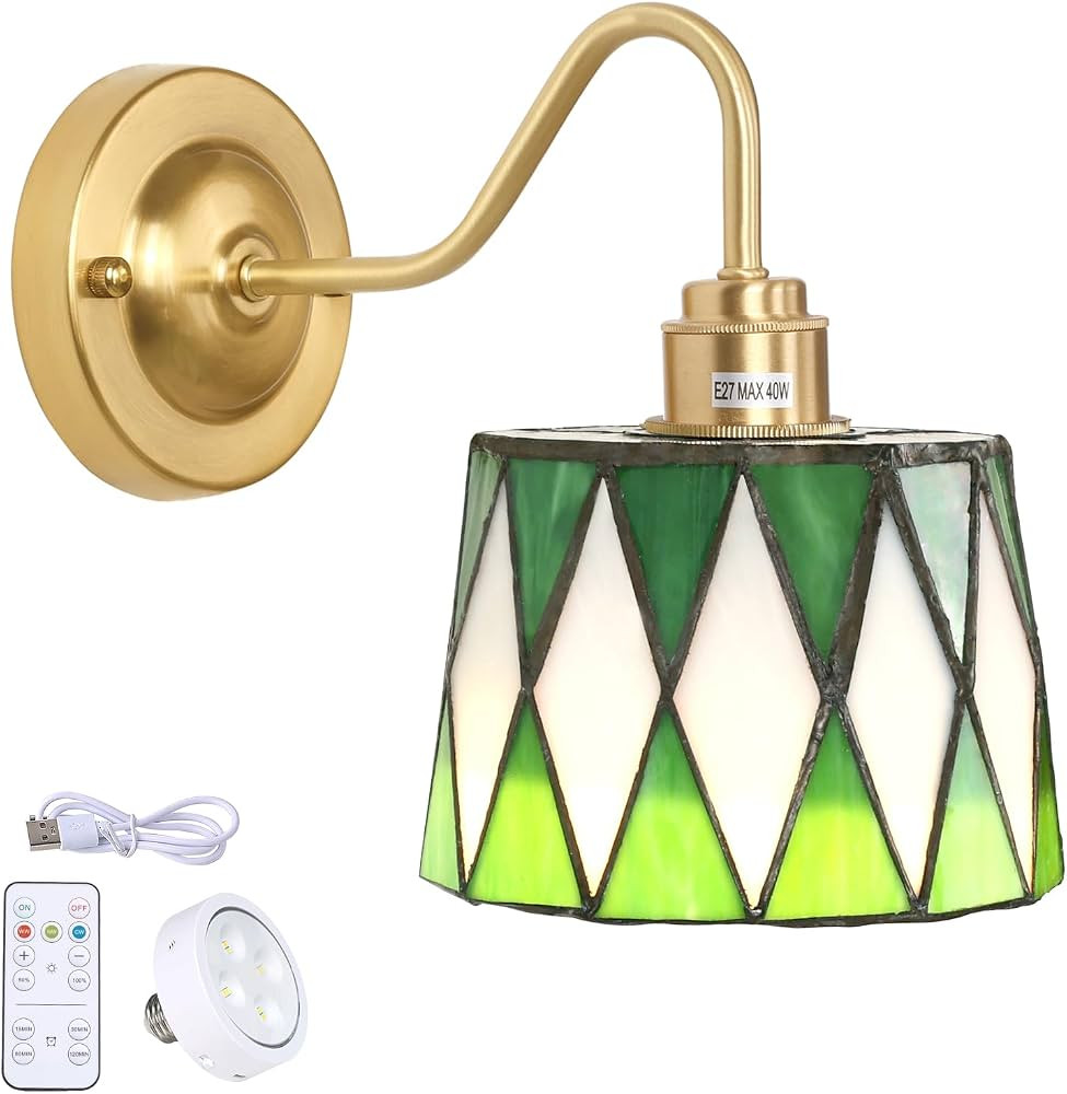 Tiffany Battery Operated Wall Sconce with Remote, Rechargeable LED Wall Lamp 3 Colors Dimmable, B... | Amazon (US)