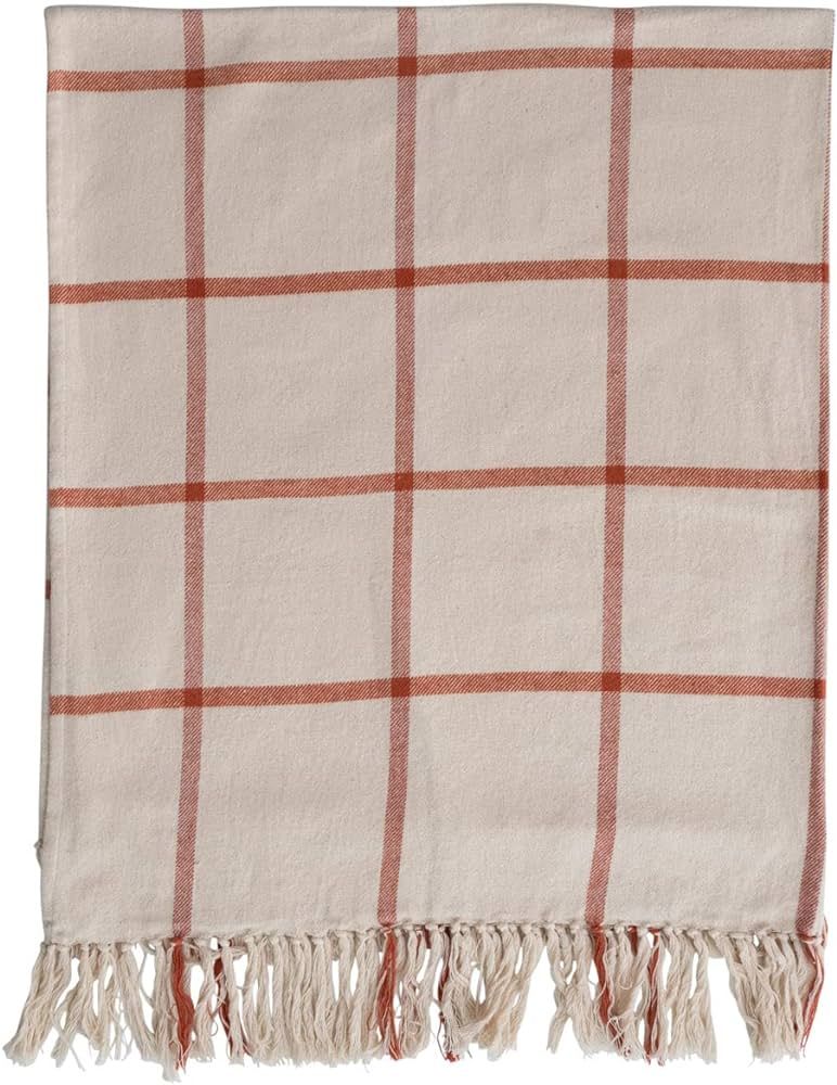 Creative Co-Op Cotton Flannel Throw Blanket with Grid Pattern and Fringe, Cream and Rust | Amazon (US)