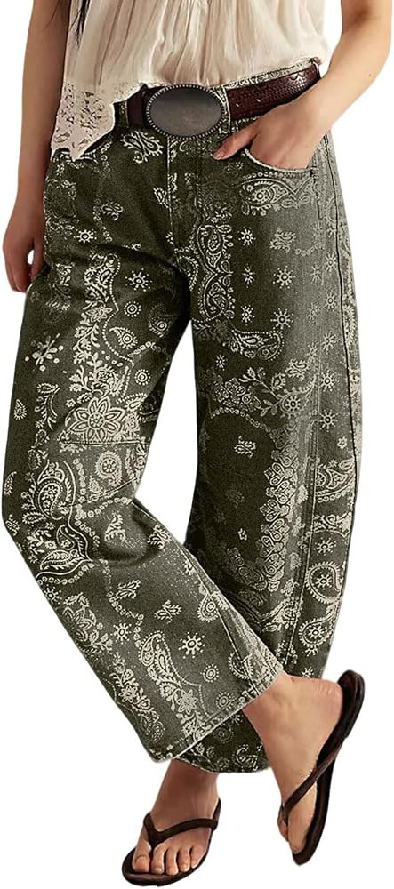loveimgs Women Boyfriend Baggy Barrel Jeans Floral Print Denim Ankle Pants Wide Leg Mid Rise Jeans Sweatpants Y2k Patchwork | Amazon (US)