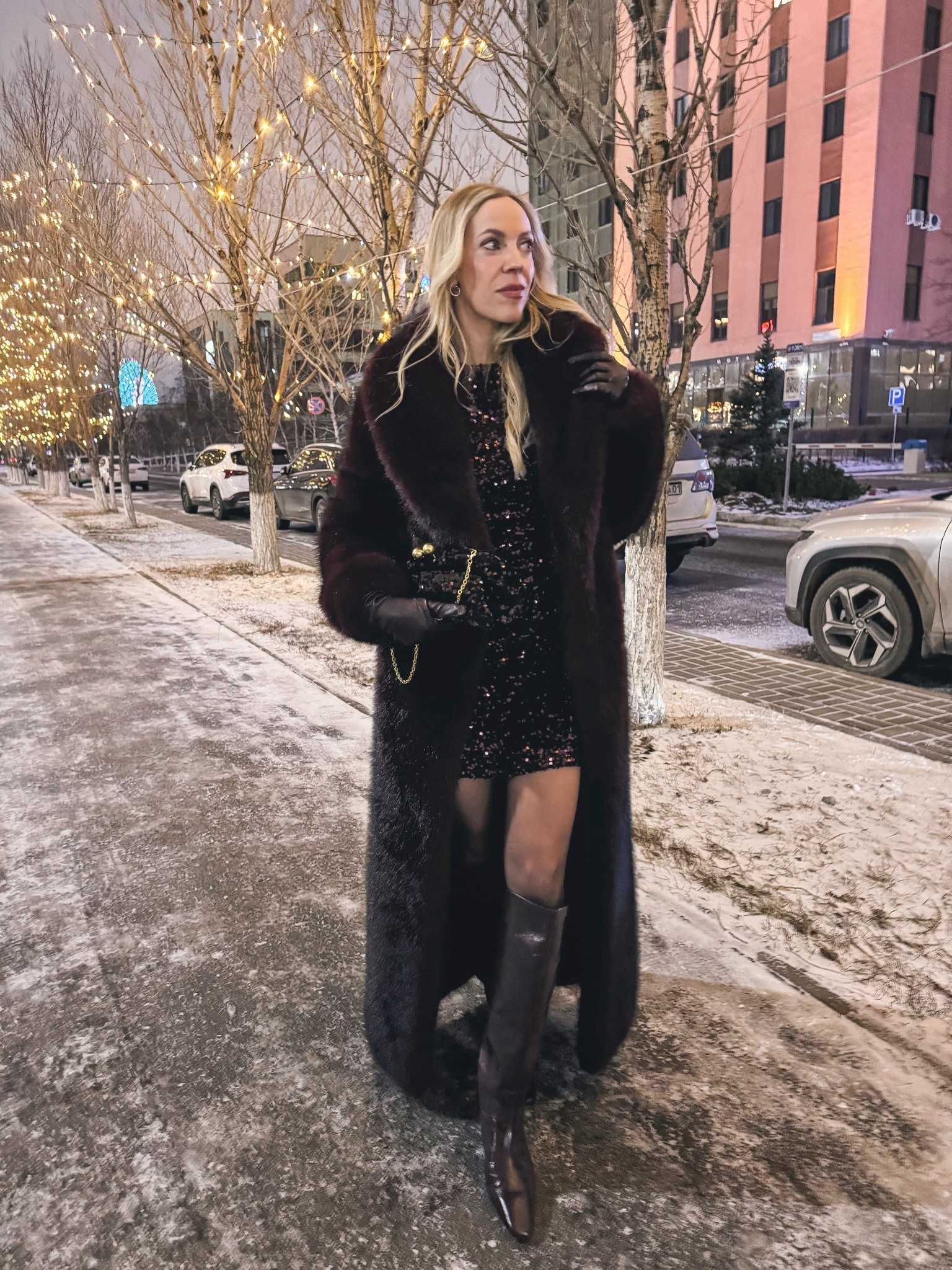 Holiday date night, New Year’s Eve outfits, burgundy sequin dress, burgundy fur coat, sheer tights with tall boots, long leather gloves, burgundy boots 

#LTKOver40 #LTKHoliday #LTKFindsUnder100