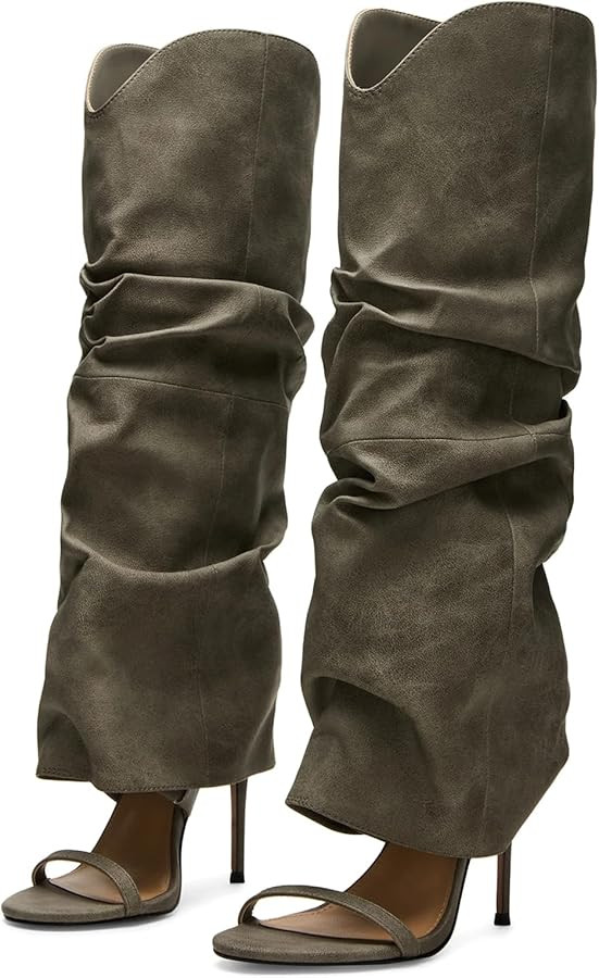 Yishaweiqi Slouched Ruched Knee High Heels for Women Pull On Wide Calf Sandals Round Open Toe Sti... | Amazon (US)