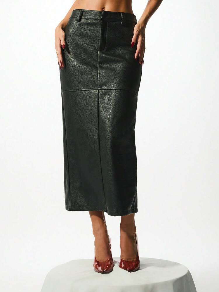 KIZN Women Leather Midi Skirt High Waisted Pencil Skirt Winter Fashion Statement Piece | SHEIN