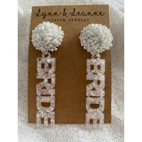 White ""Bride"" Earrings, Glitter Resin & Seed Bead, Earrings For The Bride, Wedding Earrings, Bachelorette Party, Wedding Shower Jewelry | Etsy (US)