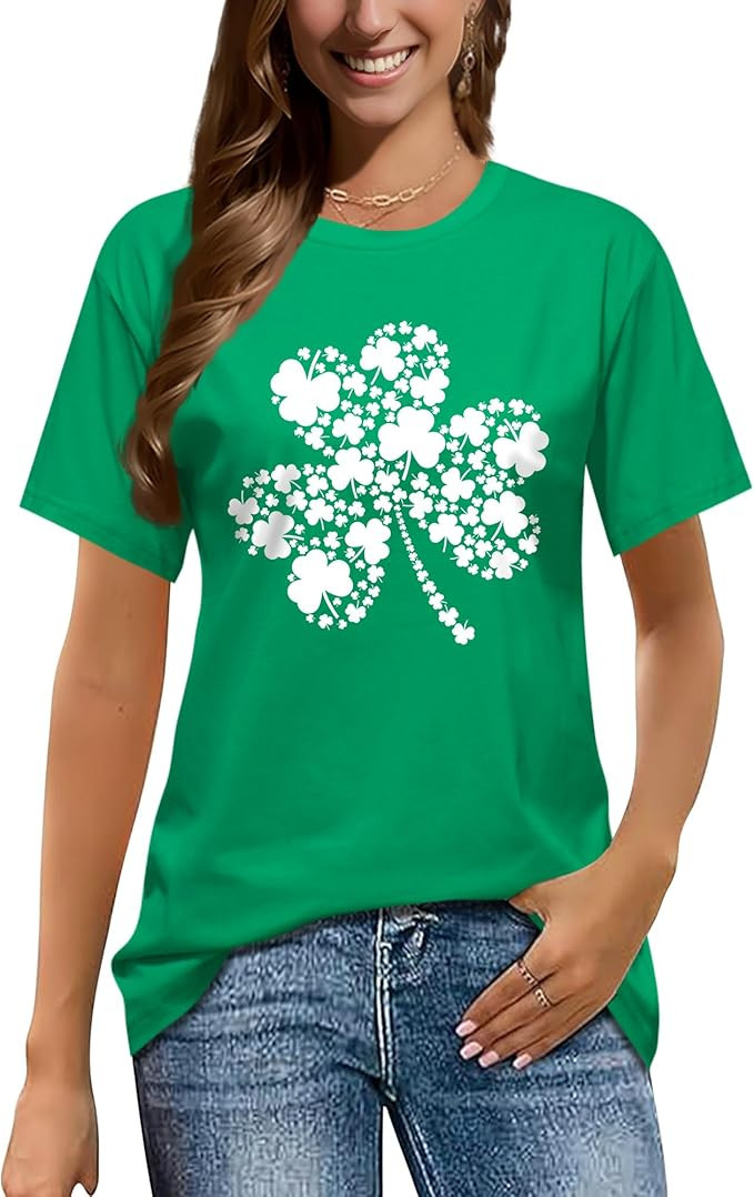 XLIEVO St Patrick's Day Shirts for Women:Lucky Irish Shamrock Crew Neck Short-Sleeve Graphic High... | Amazon (US)