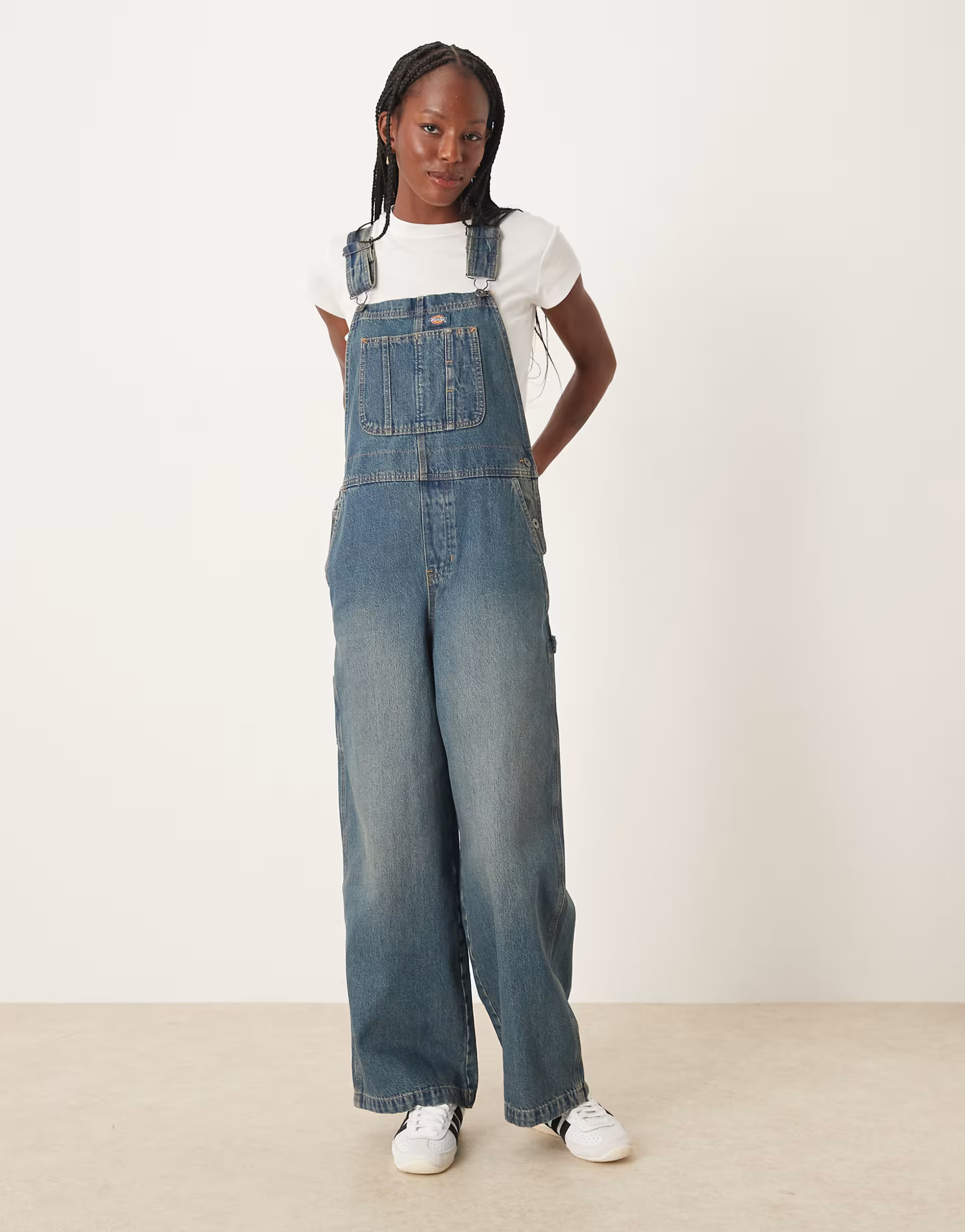 Dickies mechanic wide leg denim dungarees in khaki tinted blue | ASOS (Global)
