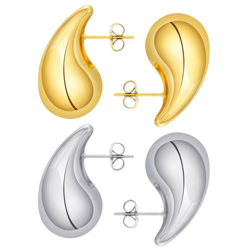 Chunky Gold Hoop Earrings for Women Lightweight Cubic Zirconia Teardrop Dupes Earring Set Large Drop Earrings Waterdrop Earrings Non Tarnish Dainty Fashion Trendy Jewelry for Women Christmas Gift (Gold+Silver-Style 2) | Amazon (US)