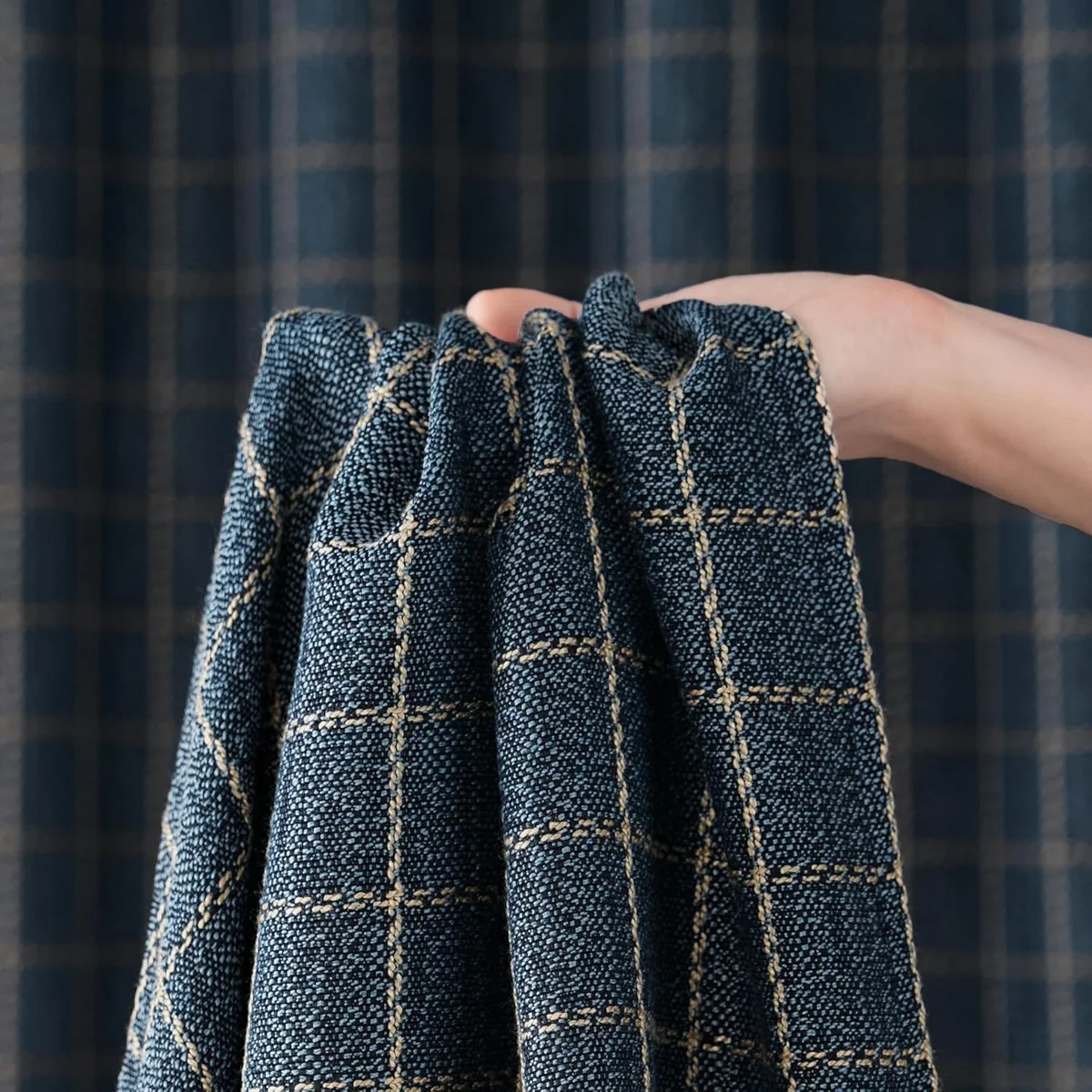 Linen Plaid Dusty Blue Farmhouse Curtains, Rod Pocket & Back Tab Geometric Jacquard Thick Wovern ... | Wayfair North America
