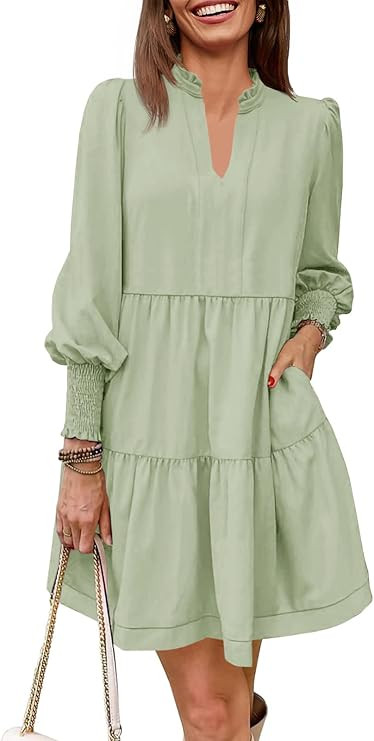Imily Bela Womens Fall Long Sleeve Tunic Dress Casual V Neck Loose Ruffle Tiered Dress | Amazon (US)