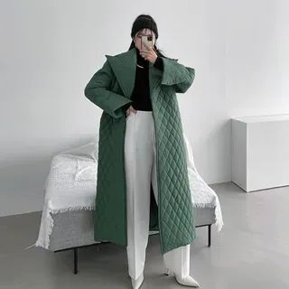 Lapelled Quilted Long Wrap Coat with Sash | YesStyle Global