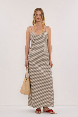ODESSA BEIGE CHECK SLIP MAXI DRESS | DISSH