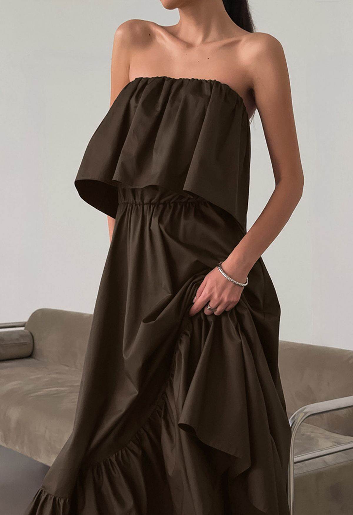 Easy Elegance Flap Strapless Ruffled Cotton Maxi Dress in Dark Brown for Outdoor Parties & Casual... | Chicwish