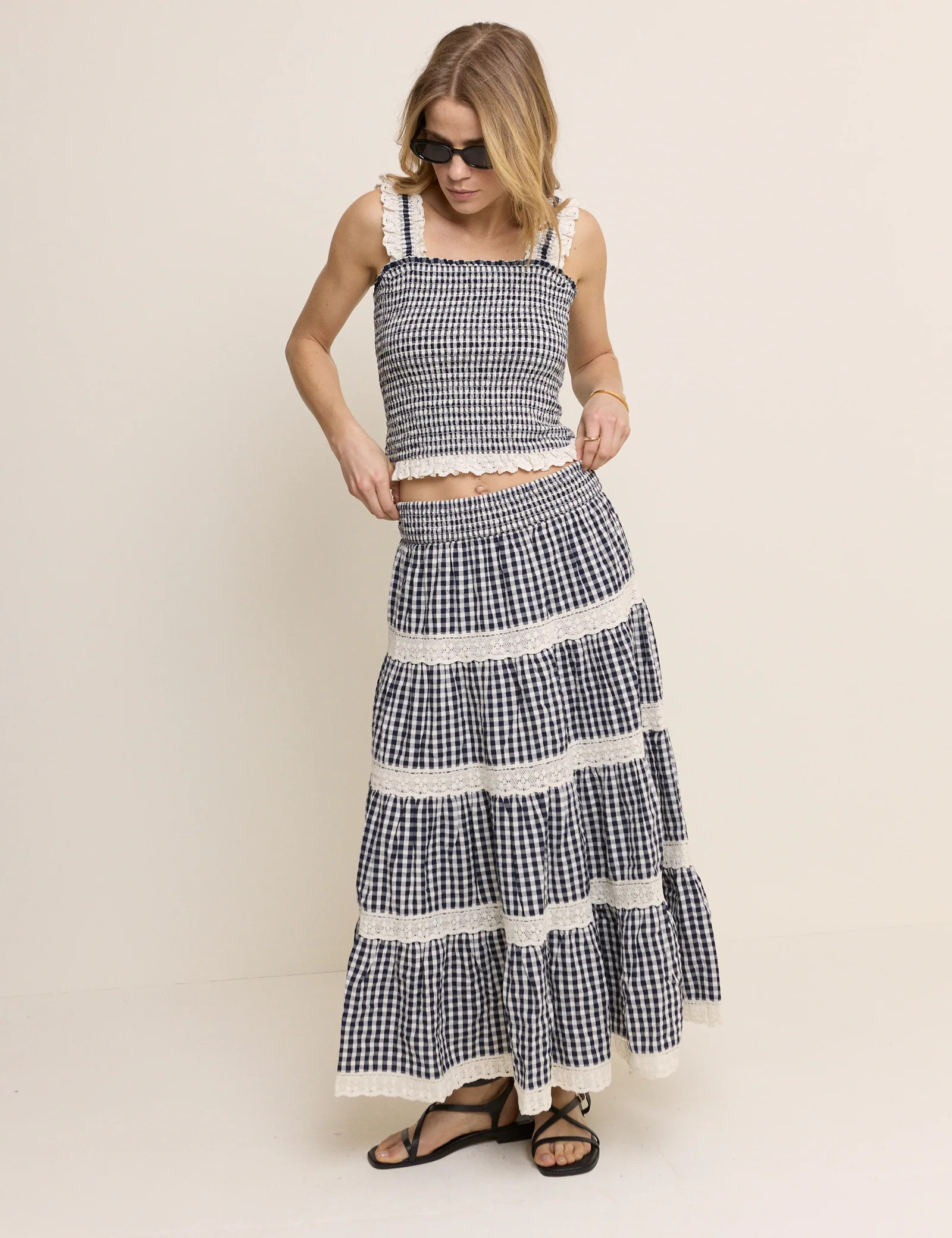 Navy Gingham Shirred Tiered Leonor Maxi Skirt | Nobody's Child