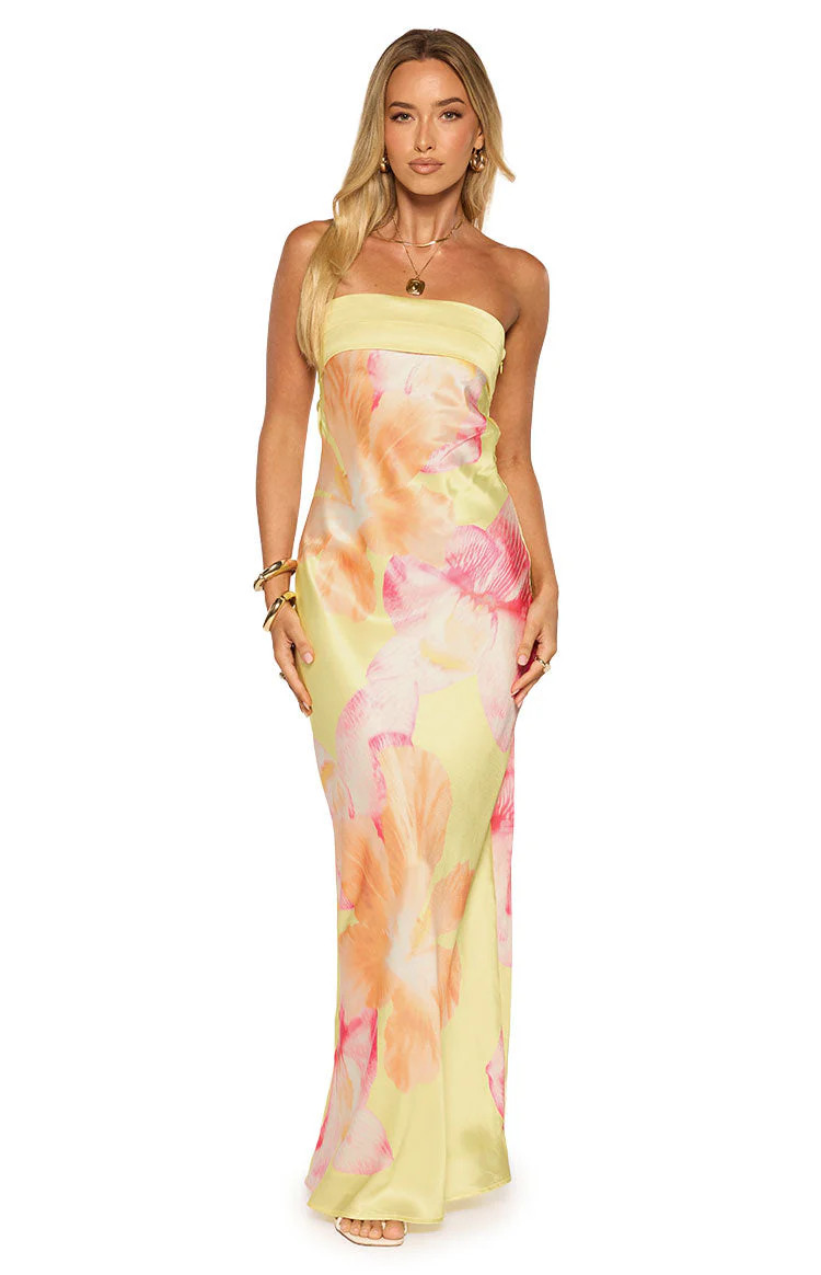 Maiah Yellow Hibiscus Floral Print Maxi Dress | Beginning Boutique | Beginning Boutique (US)