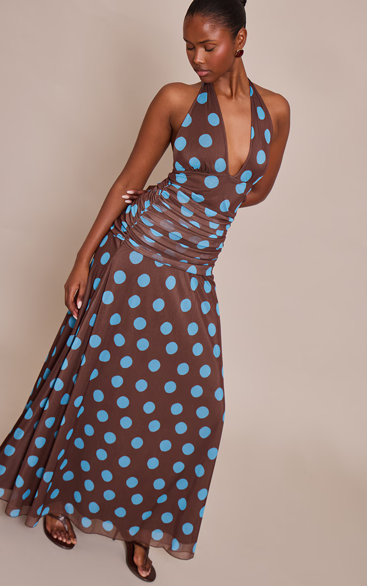 Brown Polka Dot Chiffon Halterneck Maxi Dress | Pretty Little Thing (Australia & New Zealand)
