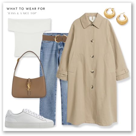 ‘Jeans & a nice top’ 👖 

H&M straight leg jeans, saint Laurent bag, cos off shoulder white top, arket trench coat, Reiss white trainers, gold hoops 

#LTKitbag #LTKSeasonal #LTKstyletip